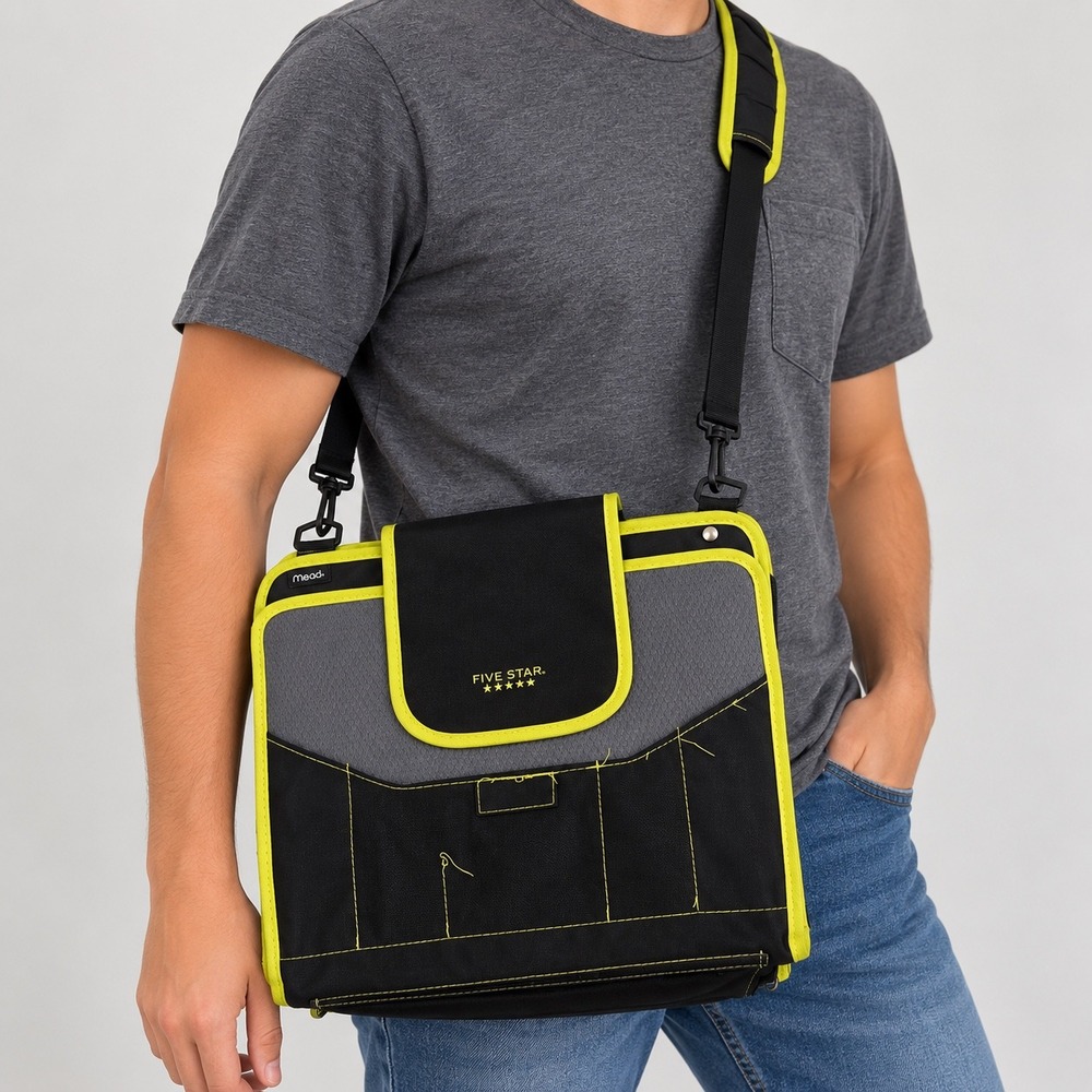 Five Star 2" Zipper Binder Black Yellow Expanding File Shoulder Strap Mead 29052